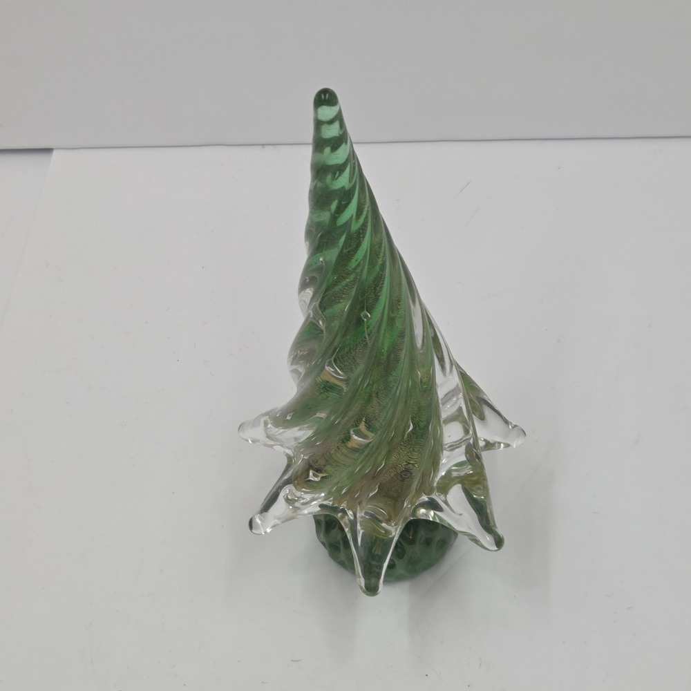 Murano Style Art Glass Xmas Tree Green Gold Aventurine Swirl 8" VTG MCM Italy